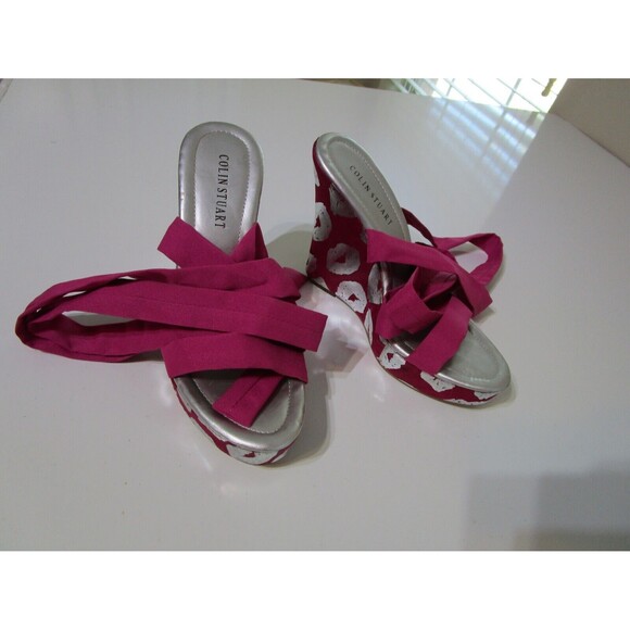Colin Stuart Womens Wedge Heels 6.5 Pink Silver Hot Lips Pink Tie Up - Picture 1 of 9